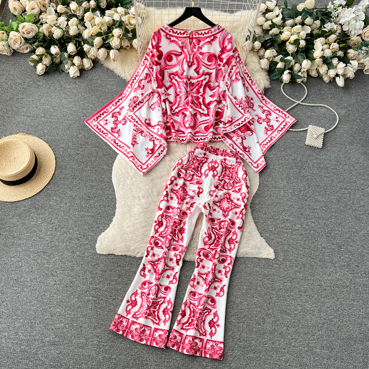 Women's Summer Runway Blue And White Porcelain Two Piece Suit Women Flare Sleeve Blouse Shirts Printed Wide Leg Cropped Pants Sets