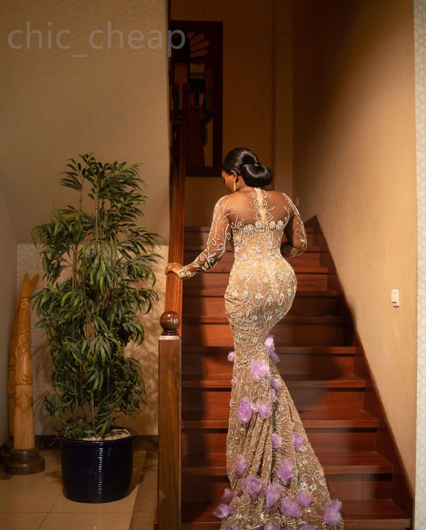 2024 Aso Ebi Gold illusion Sheath Prom Dress Flowers Beaded Evening Formal Party Second Reception 50th Birthday Engagement Gowns Dresses Robe De Soire