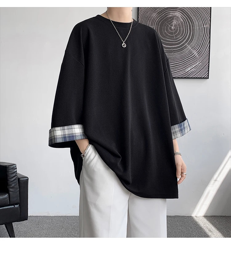 Spring Summer Mens Tshirts Women Oversized 2XL Korean Style Loose Plaid Tshirt Casual Seven sleeves TShirt Male White 240301