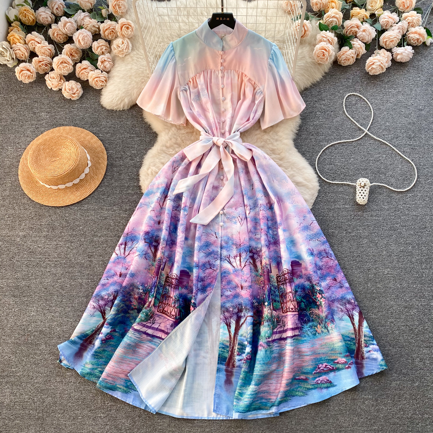 Casual Dresses Summer Fashion Holiday Gorgeous Wer Chiffon Dress Women Short Sleeve Ral Print Lace Up Belt Loose Long Robe Vestidos