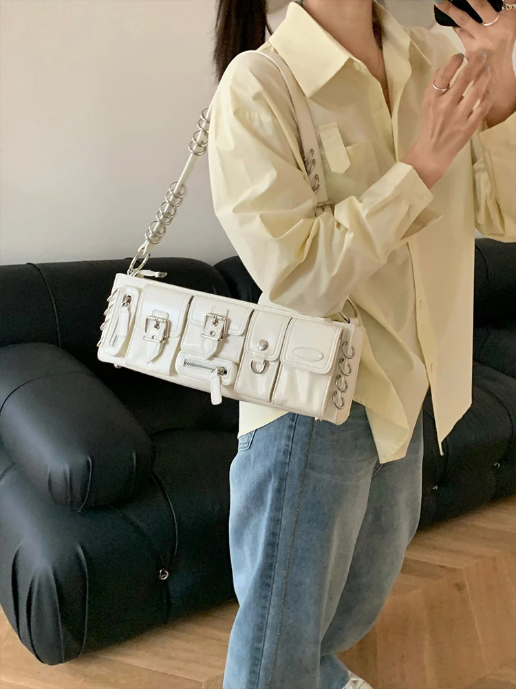 MABULA Vintag Black Underarm Shoulder Bag Punk Stylish Pu Leather Clutch Handbag Retro Rock Unisex Cuboid Purse 240307