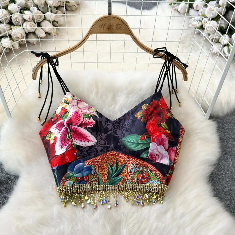 Two Piece Dress Fashion Runway Summer Skirt Suit Women's Bow Spaghetti Strap Beaded Tassel Short Tops Printed Mini Skirt 2 Two Piece Set 2024