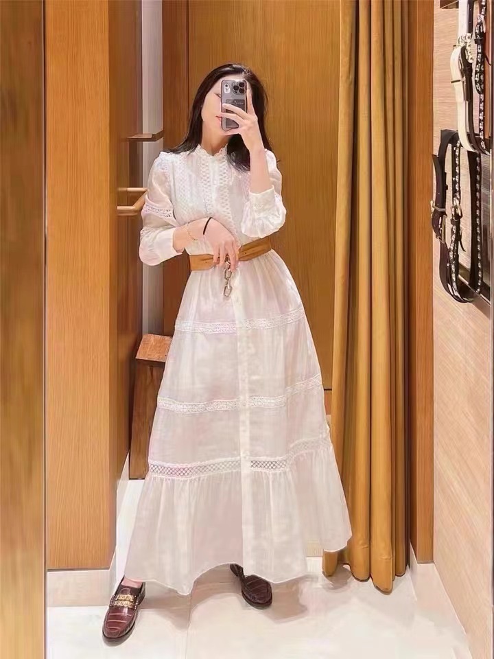 2024 Spring/Summer New Casual Dress Ma-je Linen Blended French Lace Collar Hollow White Long Dress