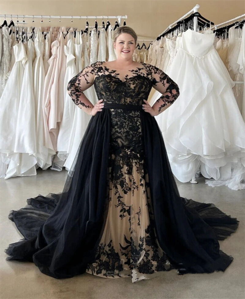 Plus Size Mermaid Wedding Dresses Black And Champagne Long Sleeves Bridal Gowns Lace Appliques Detachbale Skirt Gothic Bride Dress 2024