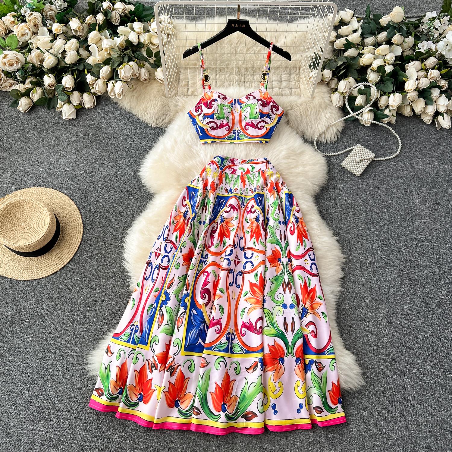 Two Piece Dress Summer Runway Holiday Outfits Women's Short Spaghetti Strap Metal Buckle Crop Tops Long Maxi Skirt Vacation 2 Pieces Set