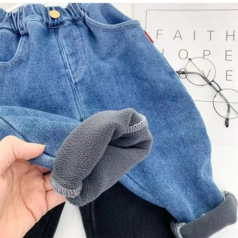 Plush Lined Boys Harem Jeans Winter Thicken Kids Vaqueros Plus Velvet Warm Denim Pants Baggy Elastic High Waist Jean Pantalones 240228