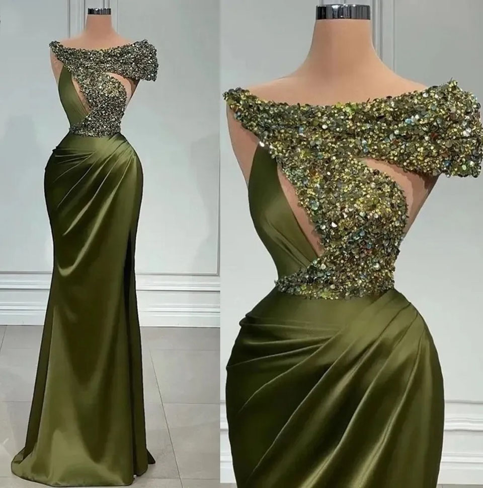 Prom Dresses Party Evening Gown Formal Mermaid Bateau Sleeveless Elastic Satin Crystal Sequins Dark Green Custom Zipper Lace Up Plus Size New Pleat 02