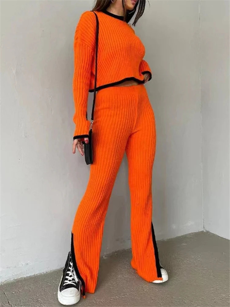 REALEFT Autumn Winter 2 Pieces Womens Oufit Sets Knitted Tracksuit O-Neck Sweater and Wide Leg Jogging Pants Female Suits 240304