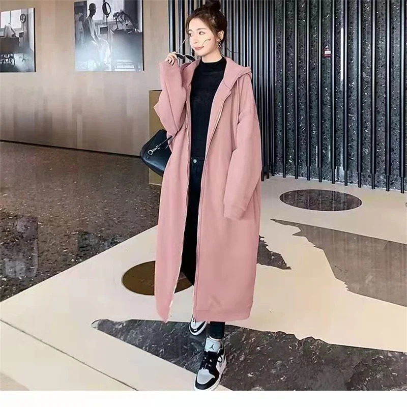 Casual Long Hooded Swearshirt for Women Autumn Winter Fleece Thicken Loose Sleeve Zipper Cardigan Coats Oversized 240301