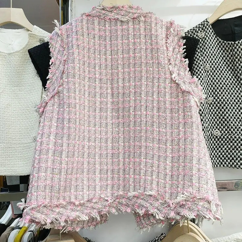 Tassel Single Breasted VNeck Tweed Waistcoat Women Spring Summer Vest Jacket 240226