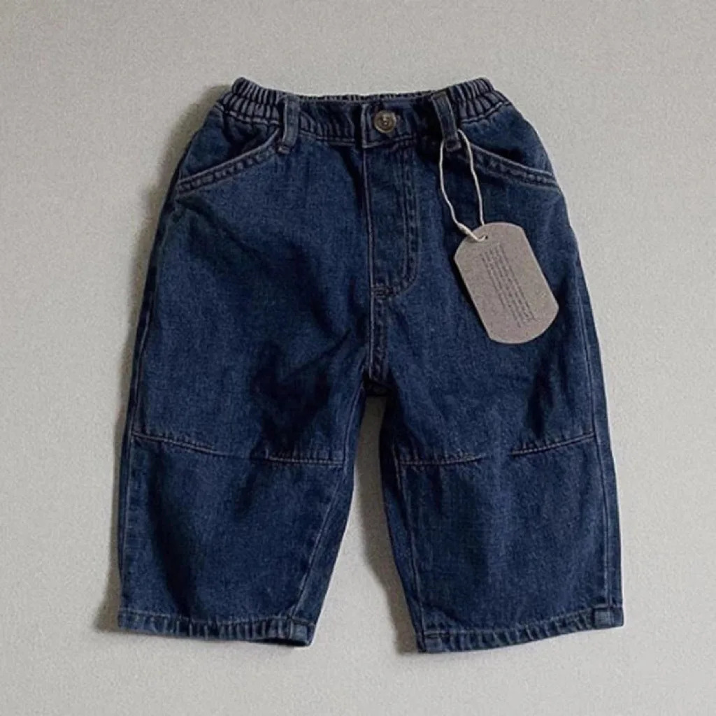 Autumn Baby Solid All-match Casual Jeans Boy Girl Children Retro Loose Pockets Wide Leg Pants Kids Cotton Fashion Denim Trousers 240228