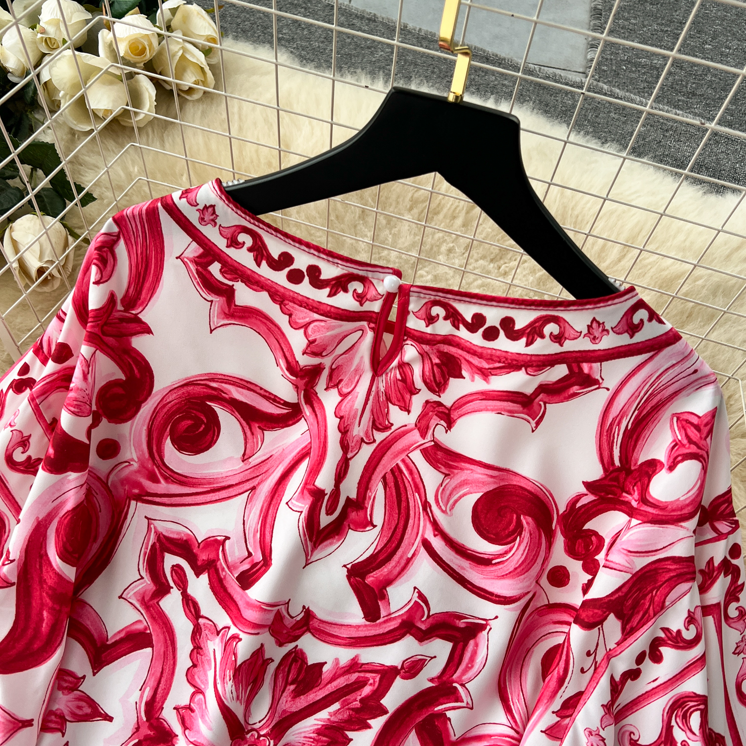 Women's Summer Runway Blue And White Porcelain Two Piece Suit Women Flare Sleeve Blouse Shirts Printed Wide Leg Cropped Pants Sets