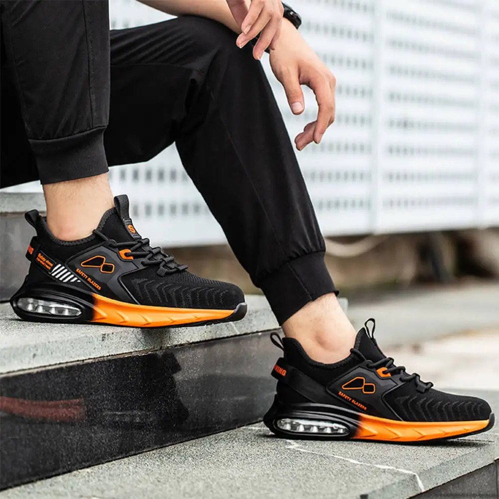Autumn Mens Safety Shoes Orange Air Cushion Steel Toe Sports Shoes Black Safety Shoes For Men Anti-Smashing Industrial Shoes 240228
