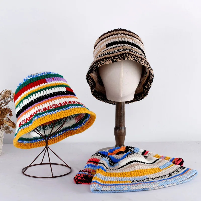 2023 Patchwork Bucket Hat Hats for Men Winter Warm Beanie Hiking Womens Fisherman Crochet 240227