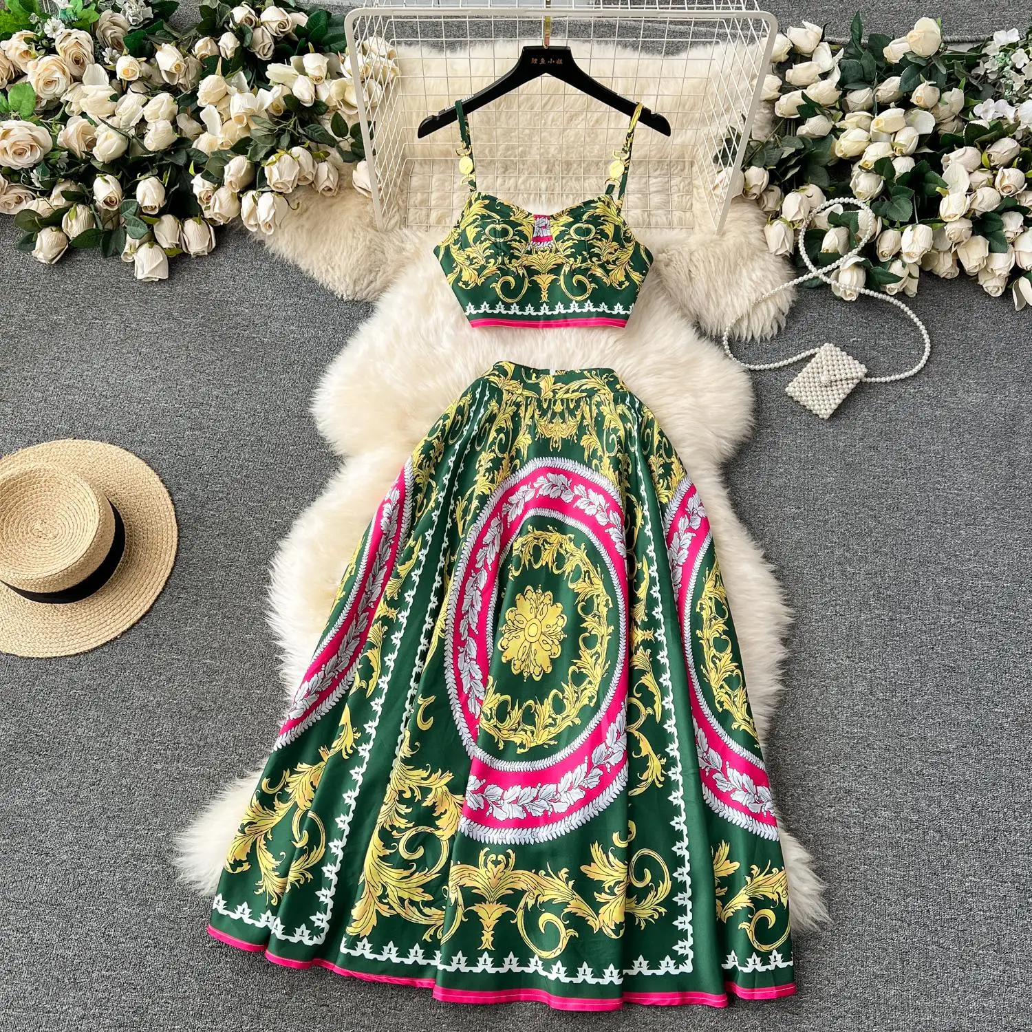 Two Piece Dress Summer Runway Holiday Outfits Women's Short Spaghetti Strap Metal Buckle Crop Tops Long Maxi Skirt Vacation 2 Pieces Set