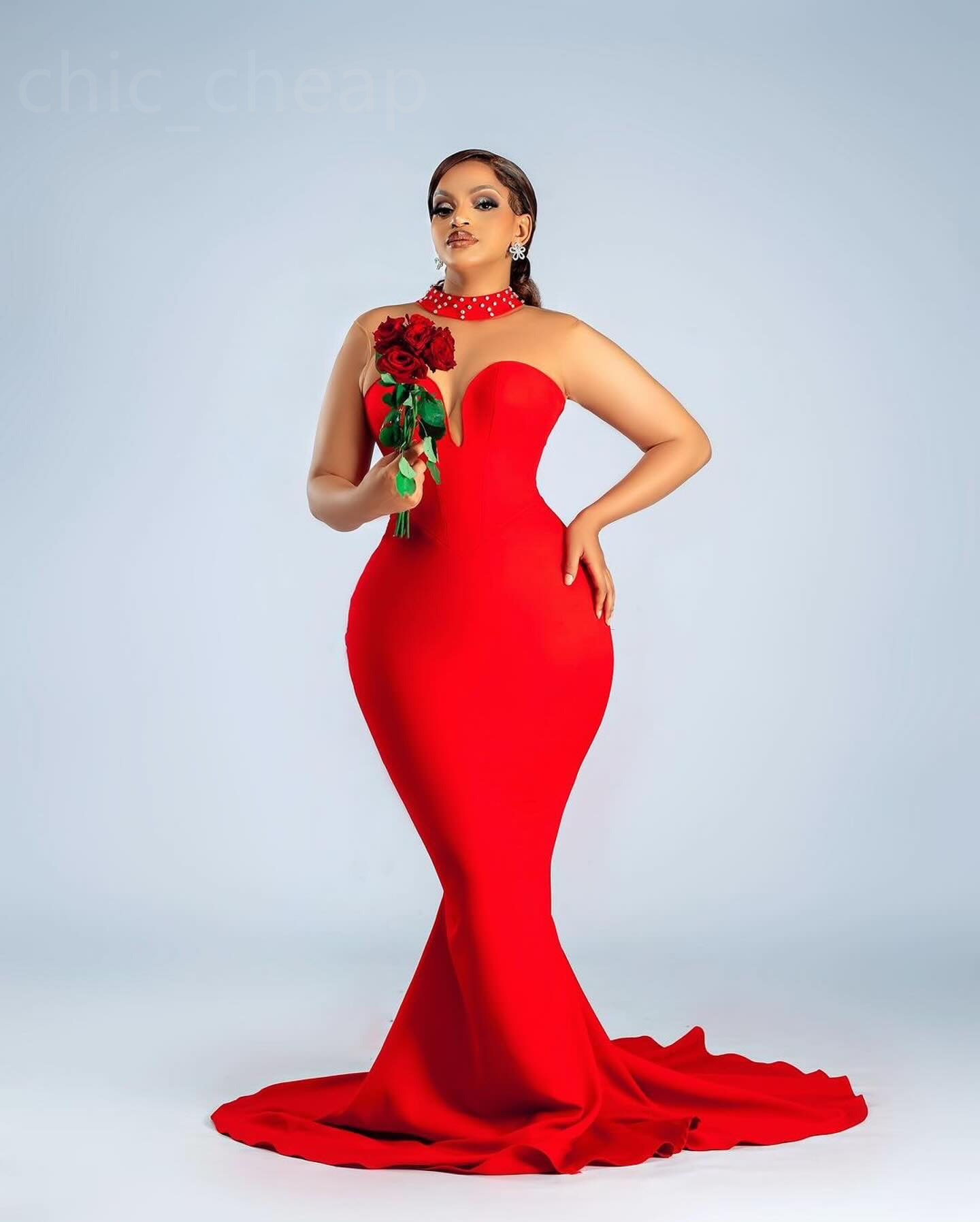 2024 Aso Ebi Red Mermaid Prom Dress Crystals Satin Sheer Neck Evening Formal Party Second Reception 50th Birthday Engagement Gowns Dresses Robe De Soi