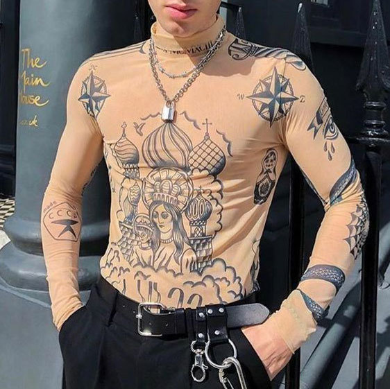 Print Russia New Male Women Couples Basal Top Goddess Tatoo Print Vintage Mesh Yarn SEXY Blouse Shirt Elasticity grid B666 201201