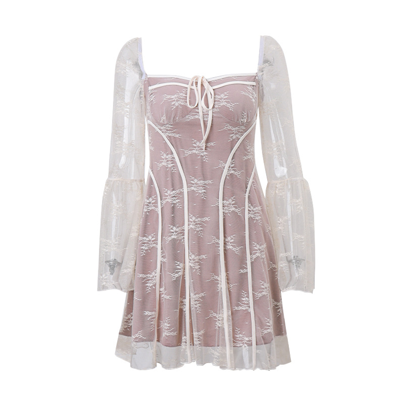 Women Casual Sexy Mini Dresses Long Sleeve Low Cut Tie Bodycon Dress Floral Lace Short Corset Dress Going Out Cocktail