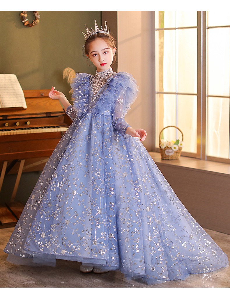 Sleeves Princess Flower Girls Dresses For Wedding New 2024 Crystals Lace Appliques Lanvender Brithday Party Kids Formal Wear Toddler Long Pageant Dres
