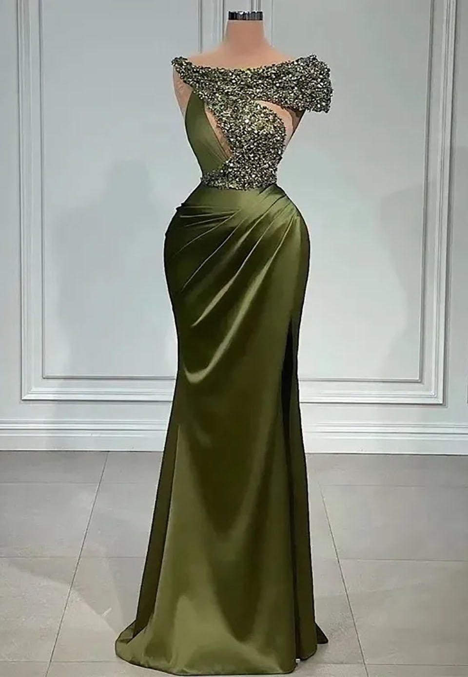 Prom Dresses Party Evening Gown Formal Mermaid Bateau Sleeveless Elastic Satin Crystal Sequins Dark Green Custom Zipper Lace Up Plus Size New Pleat 02