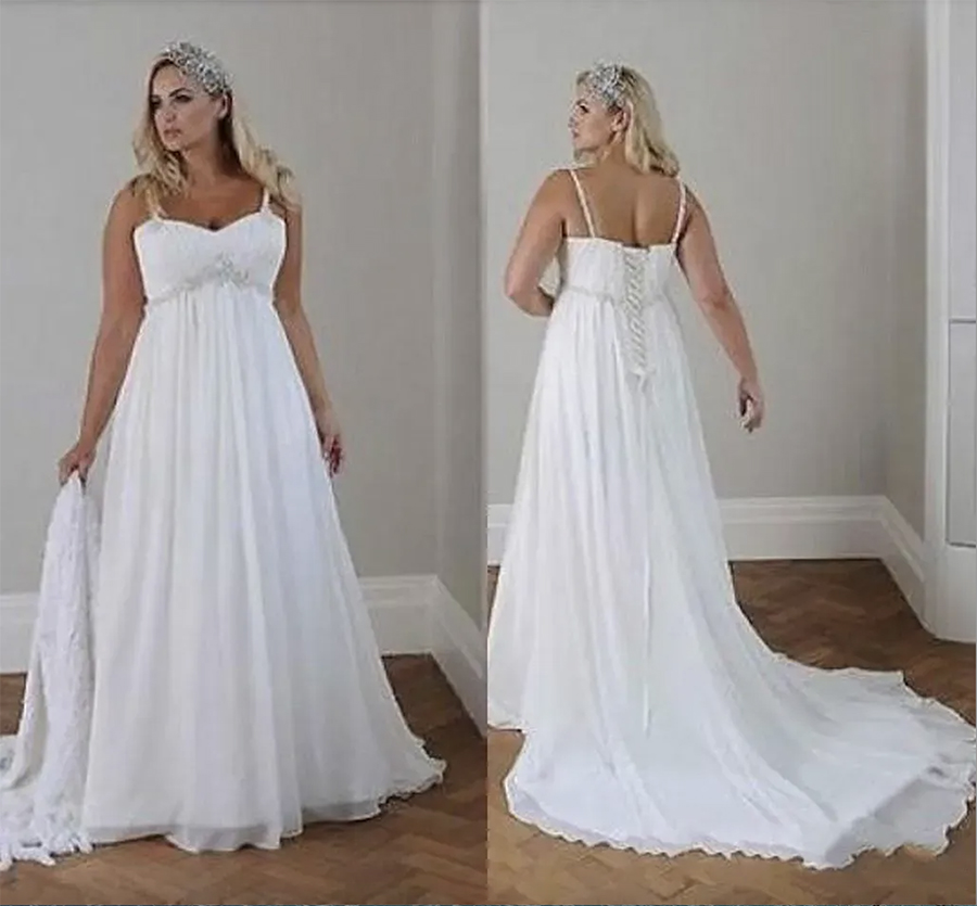 Modest Plus Size Dresses Beach Wedding Chiffon A E Or Length Spaghetti Straps Lace Up Back Simple Elegant Boho Bridal Gowns White Wed Dress For Bride 