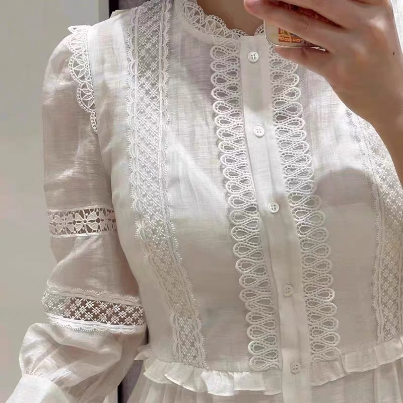 2024 Spring/Summer New Casual Dress Ma-je Linen Blended French Lace Collar Hollow White Long Dress