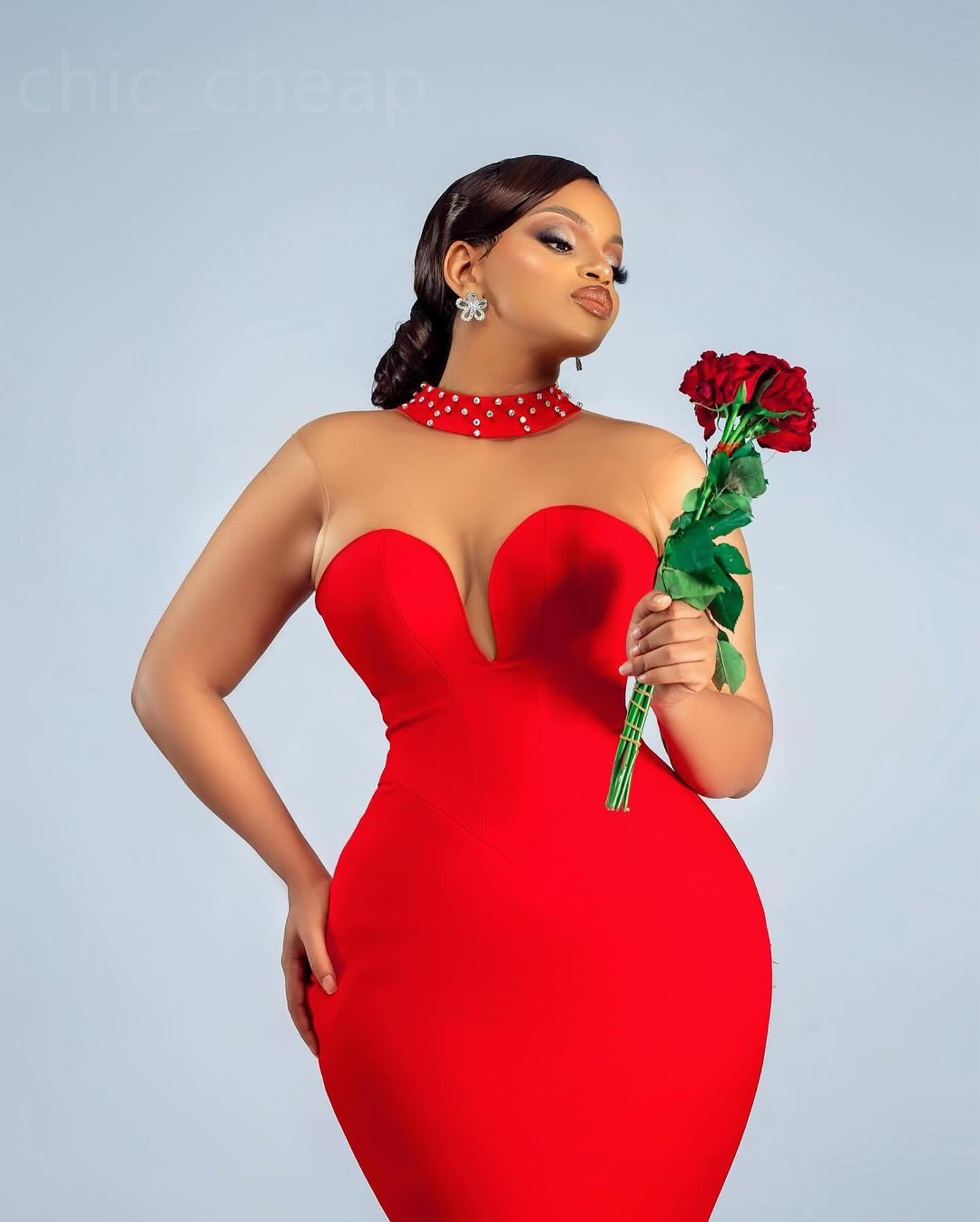 2024 Aso Ebi Red Mermaid Prom Dress Crystals Satin Sheer Neck Evening Formal Party Second Reception 50th Birthday Engagement Gowns Dresses Robe De Soi