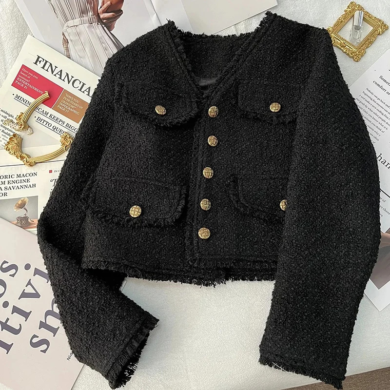 Rimocy Tweed Cropped Jackets for Women Elegant Short SingleBreasted Coats Woman Korean Chic Black V Neck Jacket Female 240307