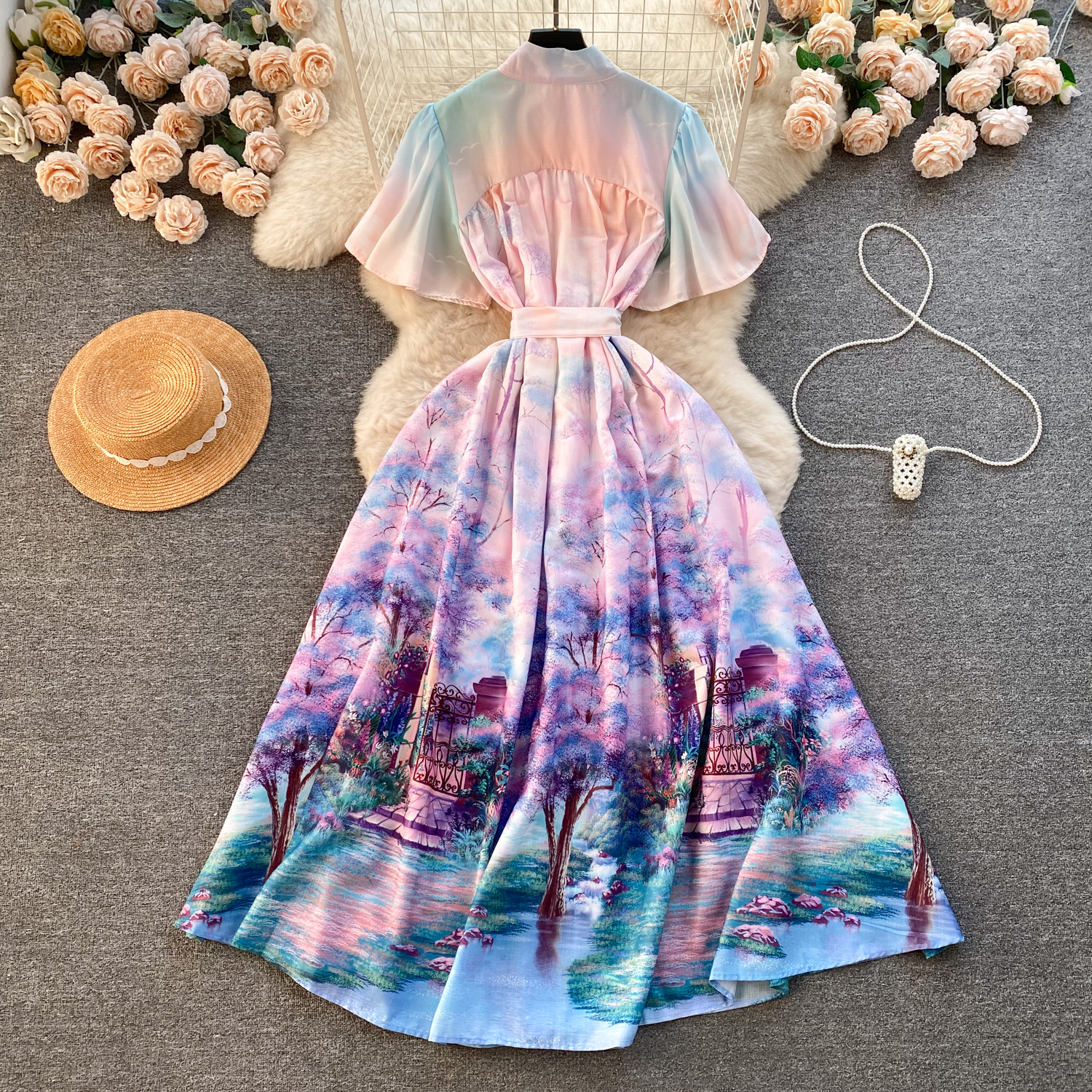 Casual Dresses Summer Fashion Holiday Gorgeous Wer Chiffon Dress Women Short Sleeve Ral Print Lace Up Belt Loose Long Robe Vestidos
