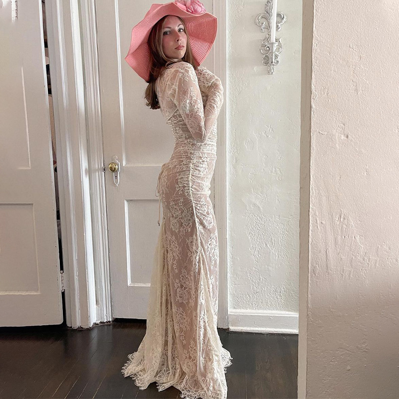 Women Cocktail Casual Dresses Sexy Lace Hollow Out Transparent Sleeveless Long Sleeve Slim Fit Maxi Party Club Evening Dress
