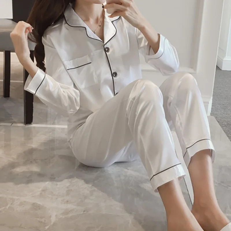 Women Spring Autumn Silk Pajamas Set 2 Pieces Sleepwear Homewear Long Sleeve Pants Home Clothes Night Wear For 240226
