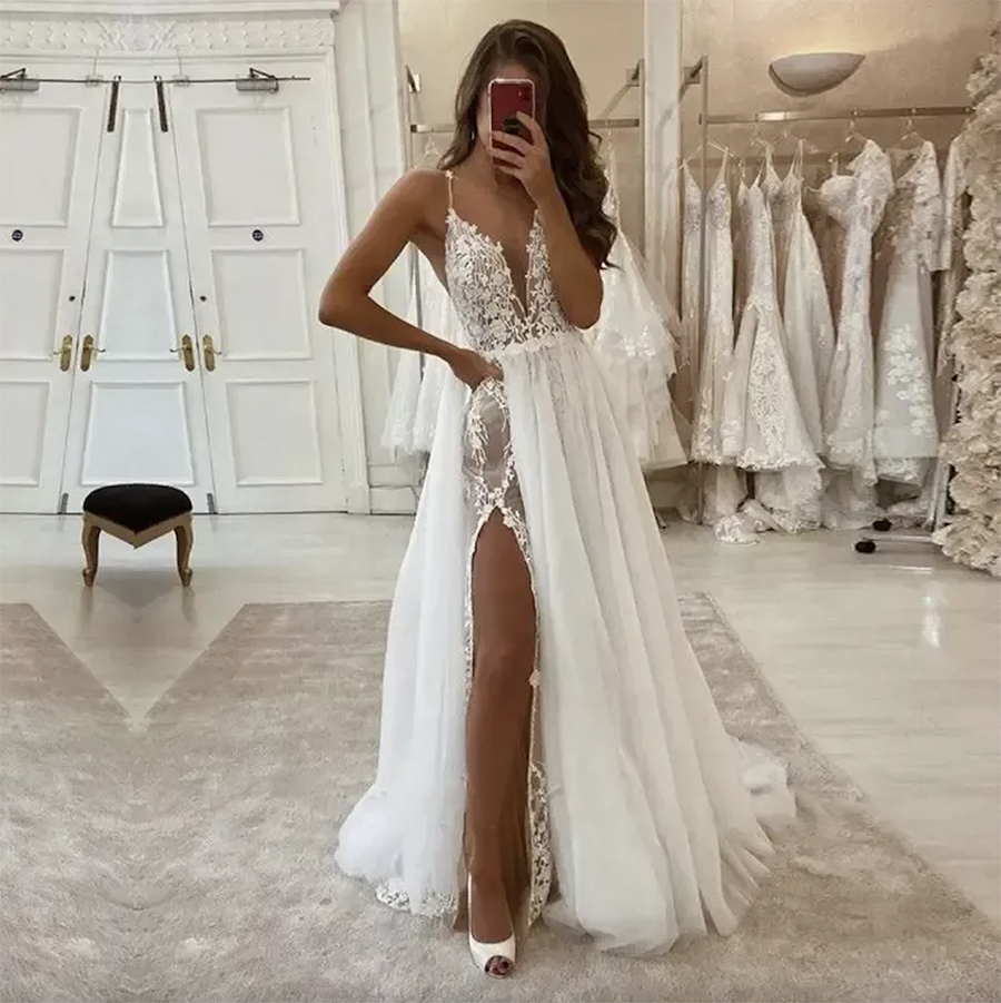Boho Dress Spaghetti Strap Appliques Bohemian Wedding Gowns Lace Bridal Dresses trouwjurk robe de mariage BC4881 Free shipping
