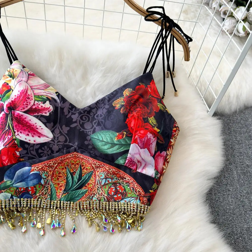 Two Piece Dress Fashion Runway Summer Skirt Suit Women's Bow Spaghetti Strap Beaded Tassel Short Tops Printed Mini Skirt 2 Two Piece Set 2024