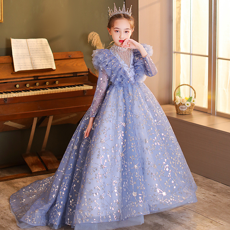 Sleeves Princess Flower Girls Dresses For Wedding New 2024 Crystals Lace Appliques Lanvender Brithday Party Kids Formal Wear Toddler Long Pageant Dres