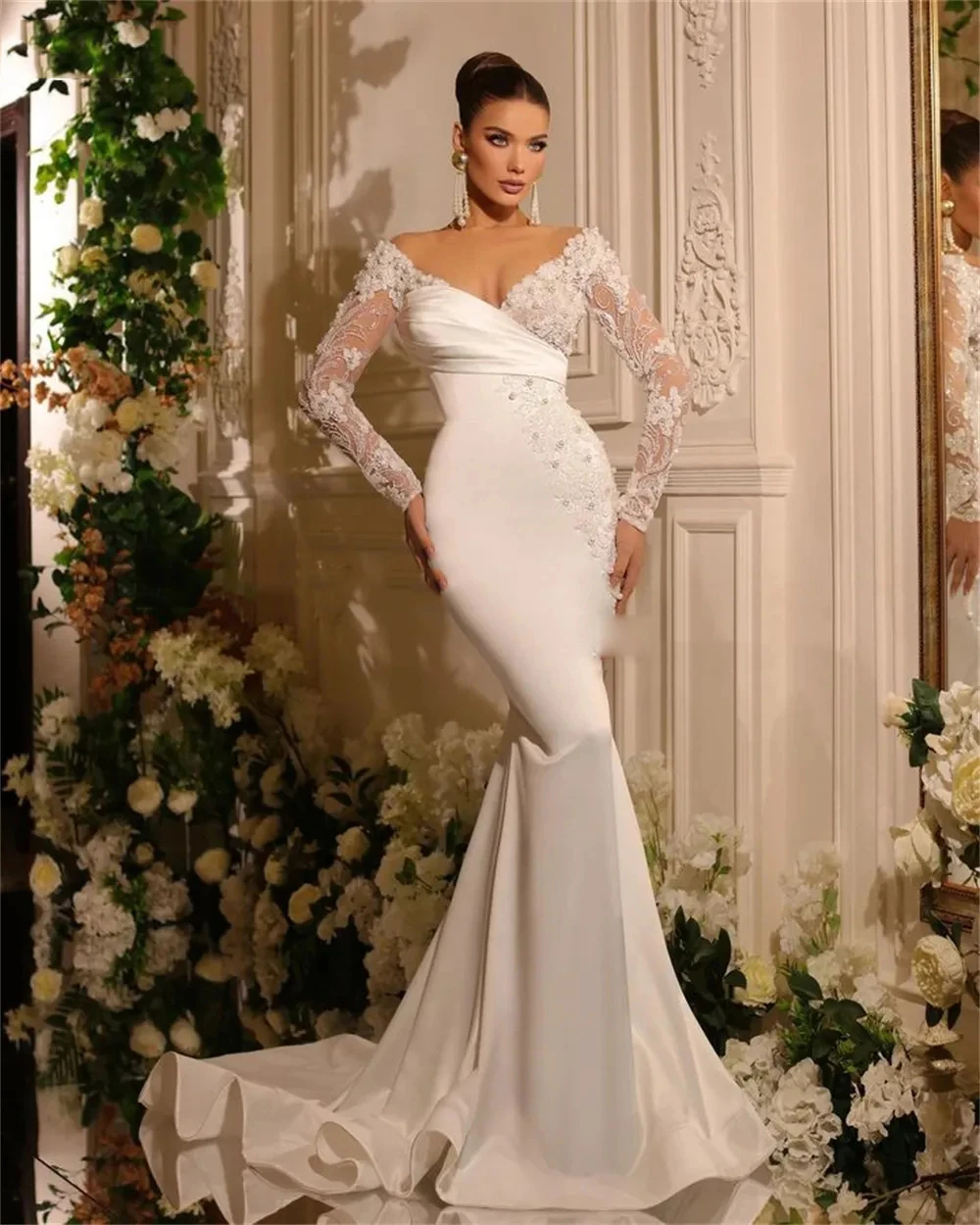 Elegant Ivory Satin Mermaid Wedding Dresses With Detachable Train 3D Floral Lace Appliques Long Sleeves Bridal Gowns Pearls Beaded Sexy Bride Receptio