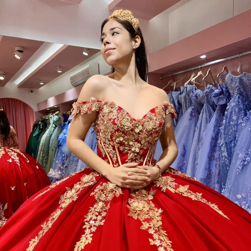 Red Ball Gown Quinceanera Dresses Sweet 16 Dress Off The Shoulder Gold 3D Flowers Bow Vestidos De 15 Anos Quinceaneras