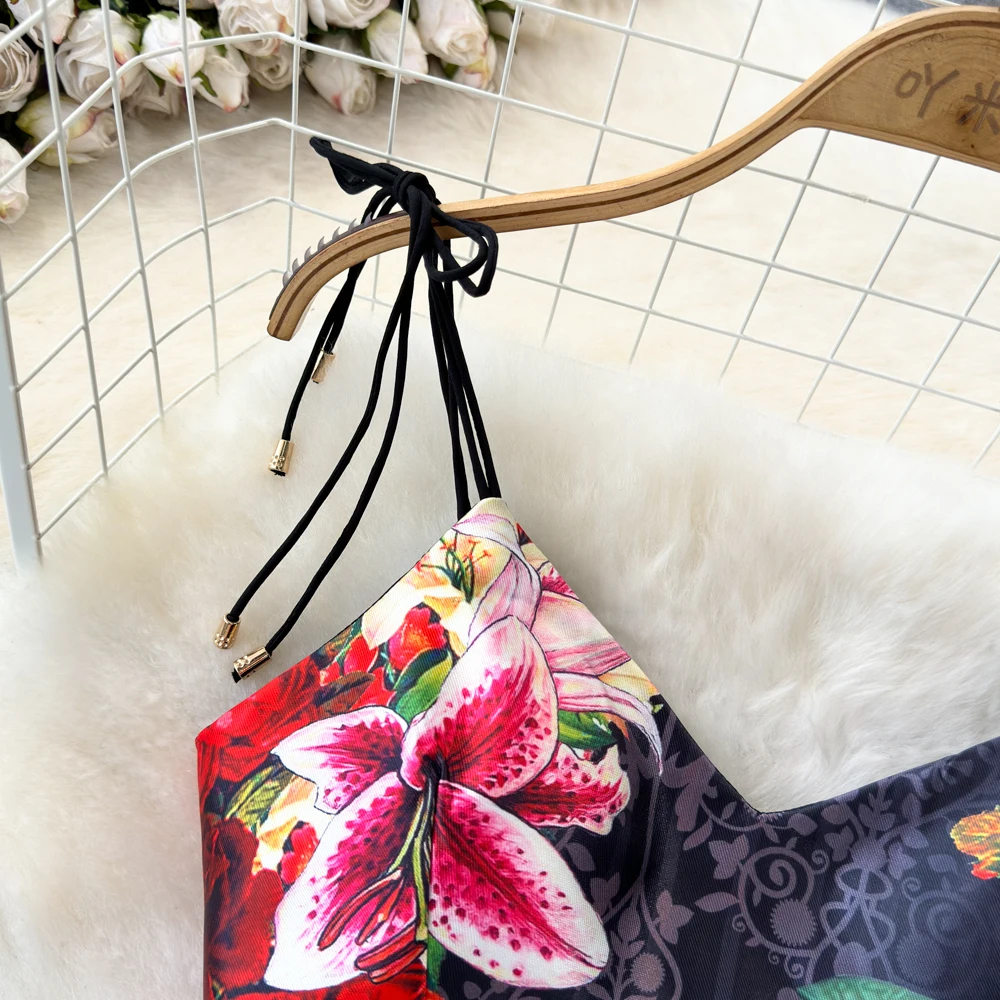 Two Piece Dress Fashion Runway Summer Skirt Suit Women's Bow Spaghetti Strap Beaded Tassel Short Tops Printed Mini Skirt 2 Two Piece Set 2024