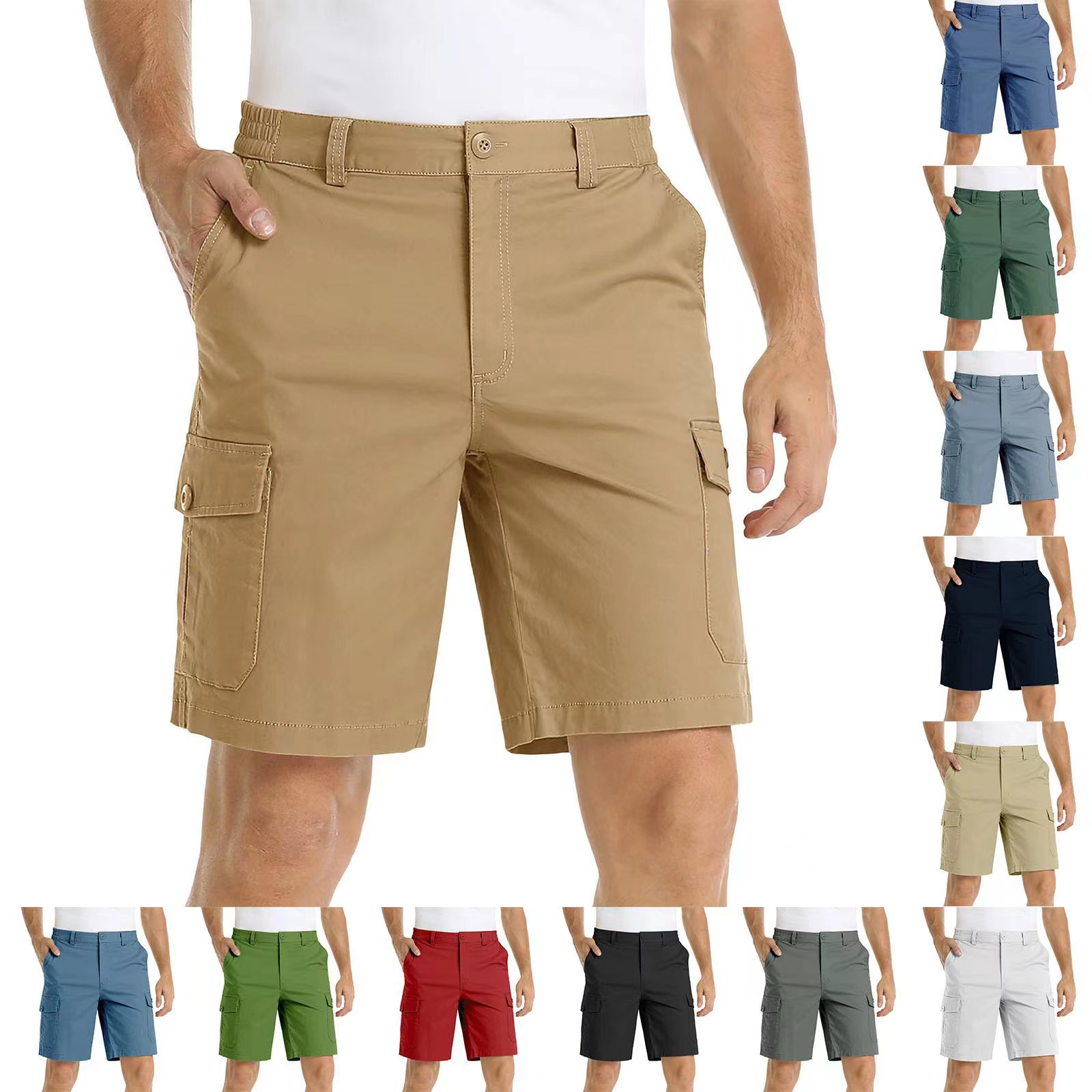 Spring Casual Solid Color Men's Quick Dry Beach Short Pants Multi-pocket Cargo Short Knee Length Man Usa Plus Size Overalls