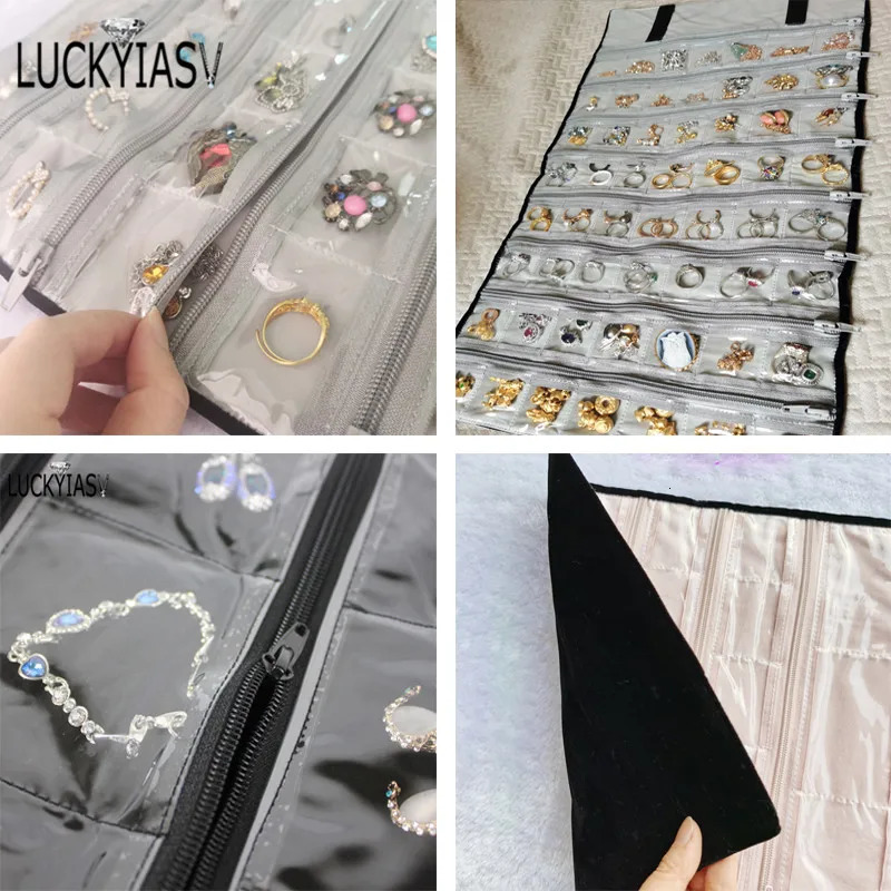 Fashion Black Velvet Zipper Jewelry Roll Bag for Jewellery Ring Earrings Organizer Storage Bag Portable Necklace Display Cases 240301