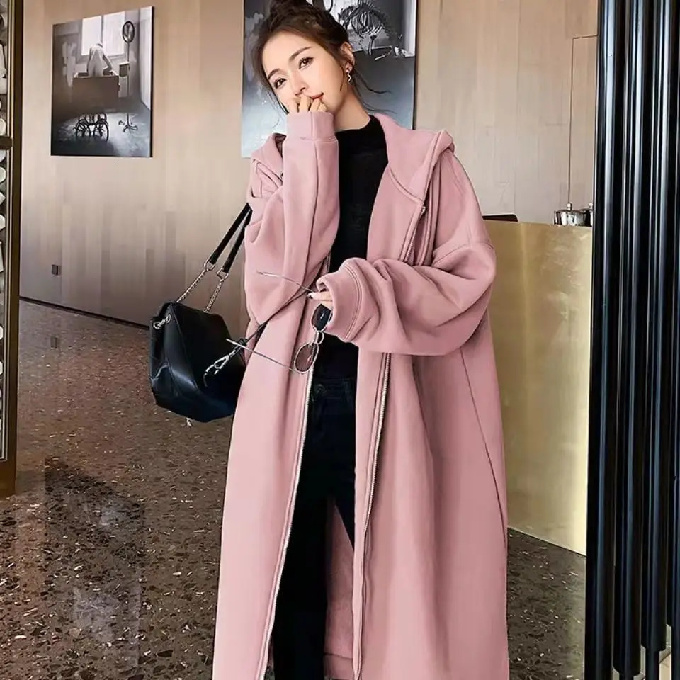 Casual Long Hooded Swearshirt for Women Autumn Winter Fleece Thicken Loose Sleeve Zipper Cardigan Coats Oversized 240301