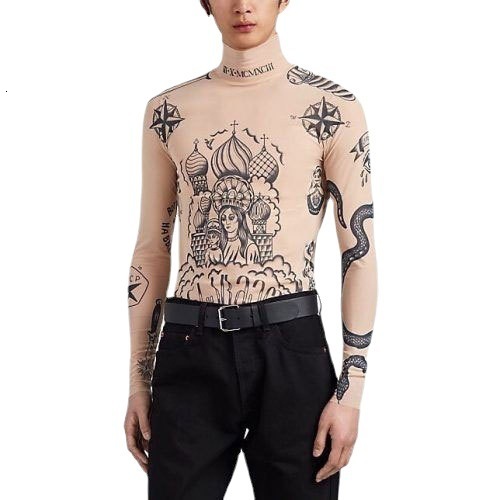 Print Russia New Male Women Couples Basal Top Goddess Tatoo Print Vintage Mesh Yarn SEXY Blouse Shirt Elasticity grid B666 201201