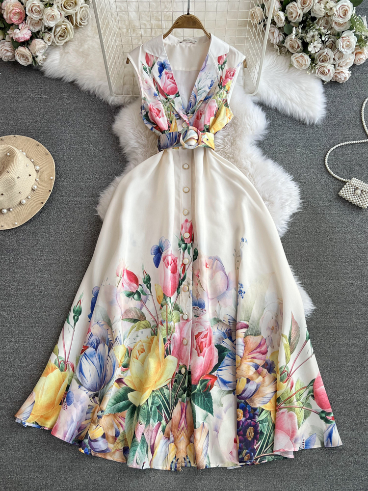 Women Dresses Summer2025 Summer Holiday Beach Dress Women's Notched Collar Sleeveless Single Breasted Ral Print Belt Long Boho Party Vestidos