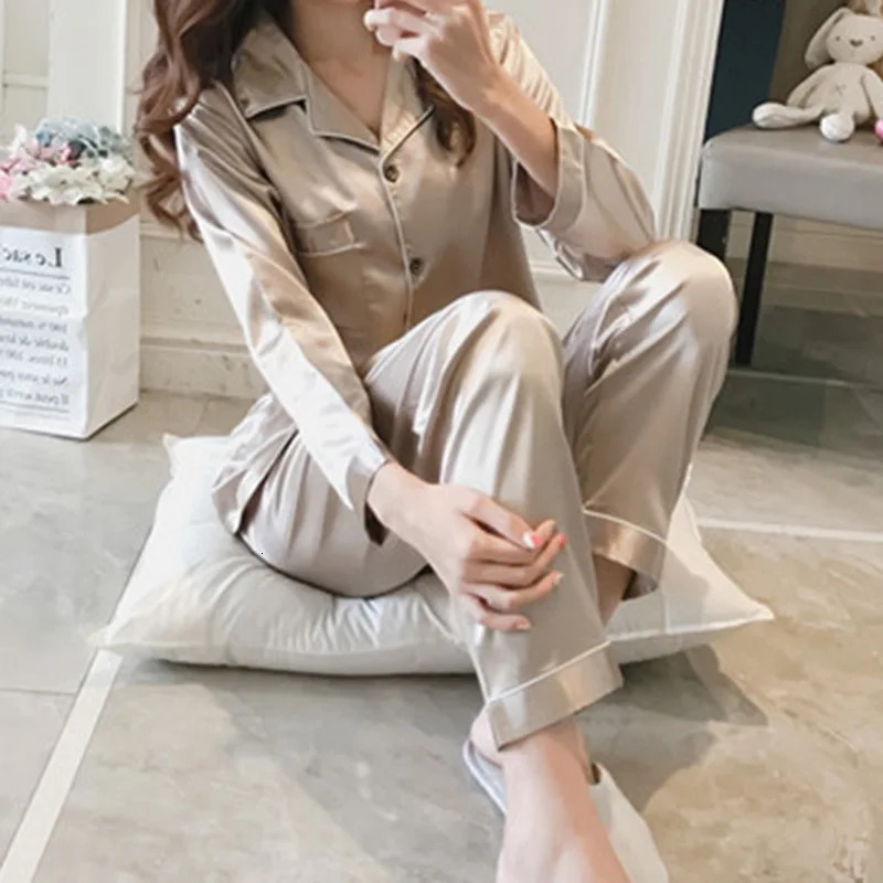 Women Spring Autumn Silk Pajamas Set 2 Pieces Sleepwear Homewear Long Sleeve Pants Home Clothes Night Wear For 240226