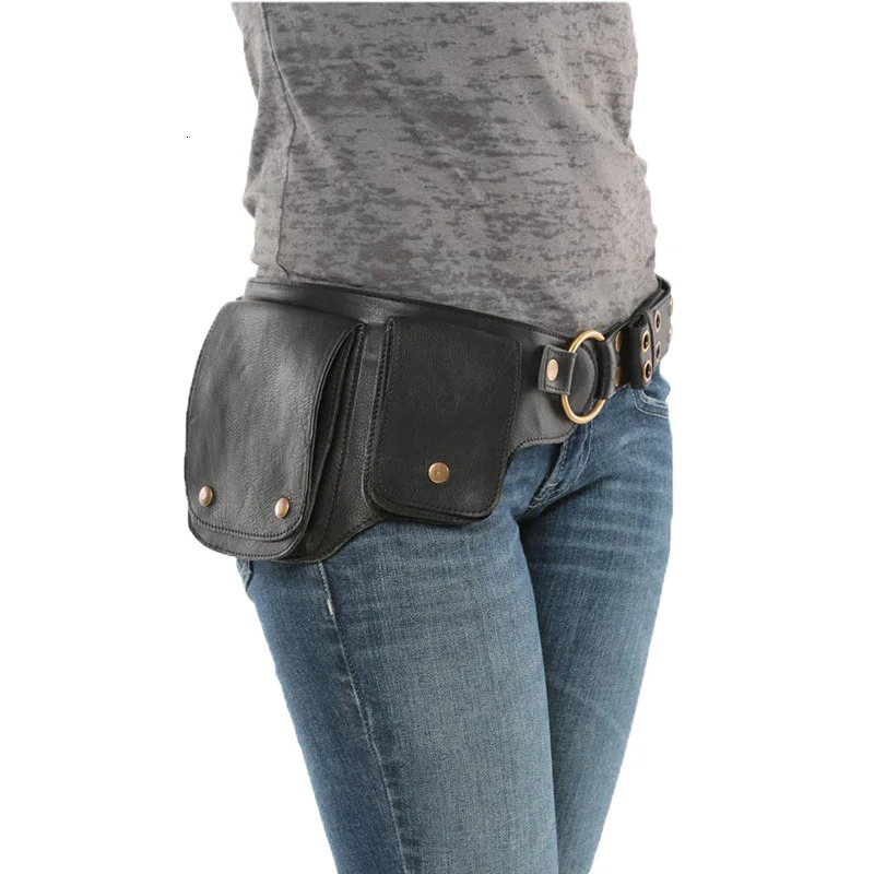 Womens Waist Bag Medieval Pu Leather Hip Strap Vintage Shoulder Outdoor Sports Adjustable Zipper Button Waistpack 240308