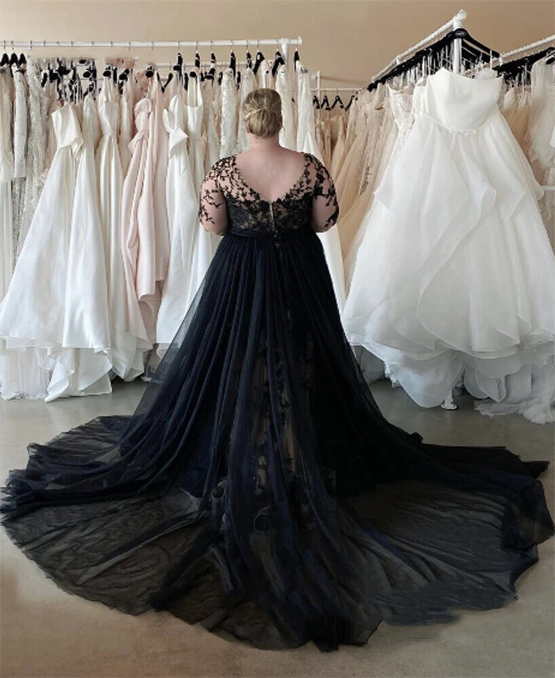Plus Size Mermaid Wedding Dresses Black And Champagne Long Sleeves Bridal Gowns Lace Appliques Detachbale Skirt Gothic Bride Dress 2024