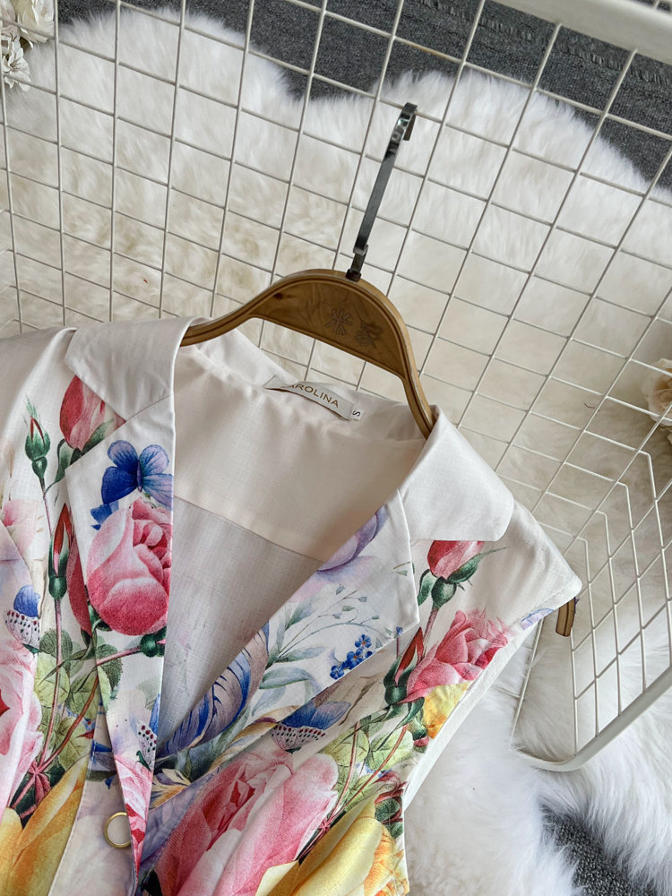 Women Dresses Summer2025 Summer Holiday Beach Dress Women's Notched Collar Sleeveless Single Breasted Ral Print Belt Long Boho Party Vestidos