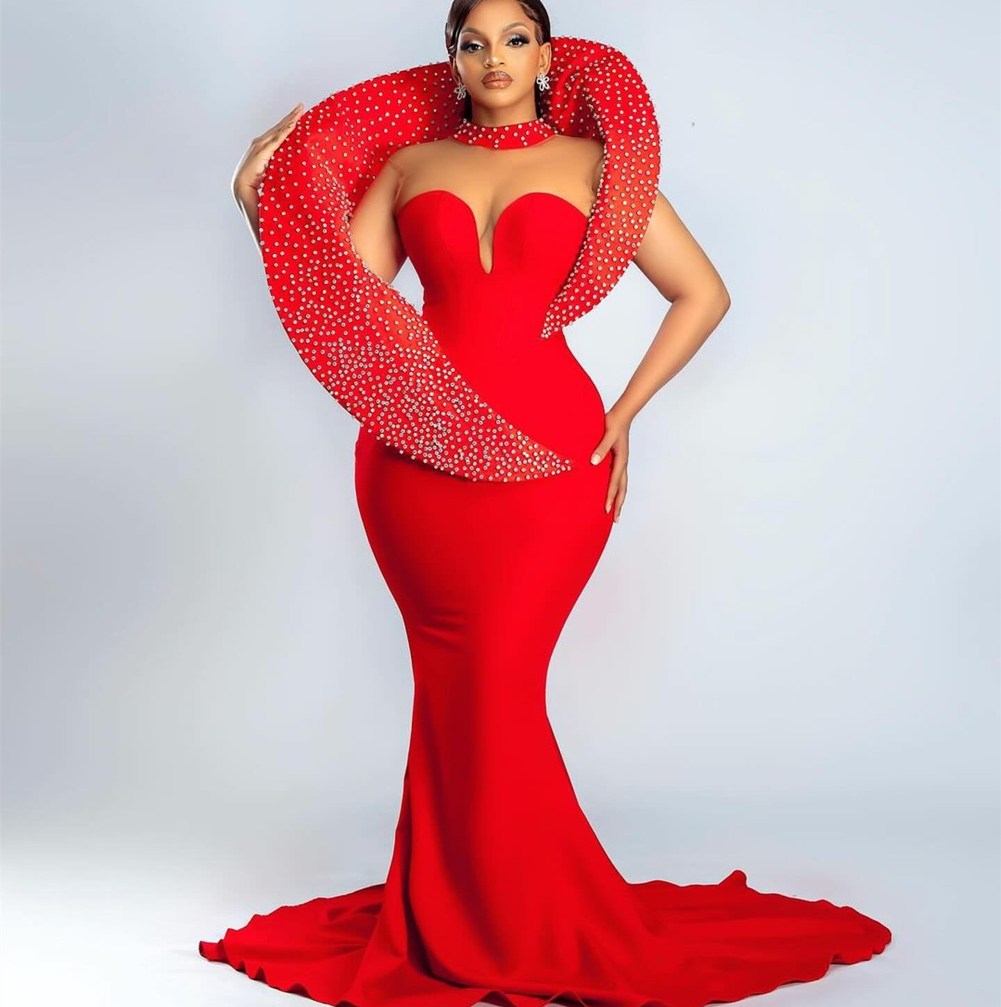 2024 Aso Ebi Red Mermaid Prom Dress Crystals Satin Sheer Neck Evening Formal Party Second Reception 50th Birthday Engagement Gowns Dresses Robe De Soi