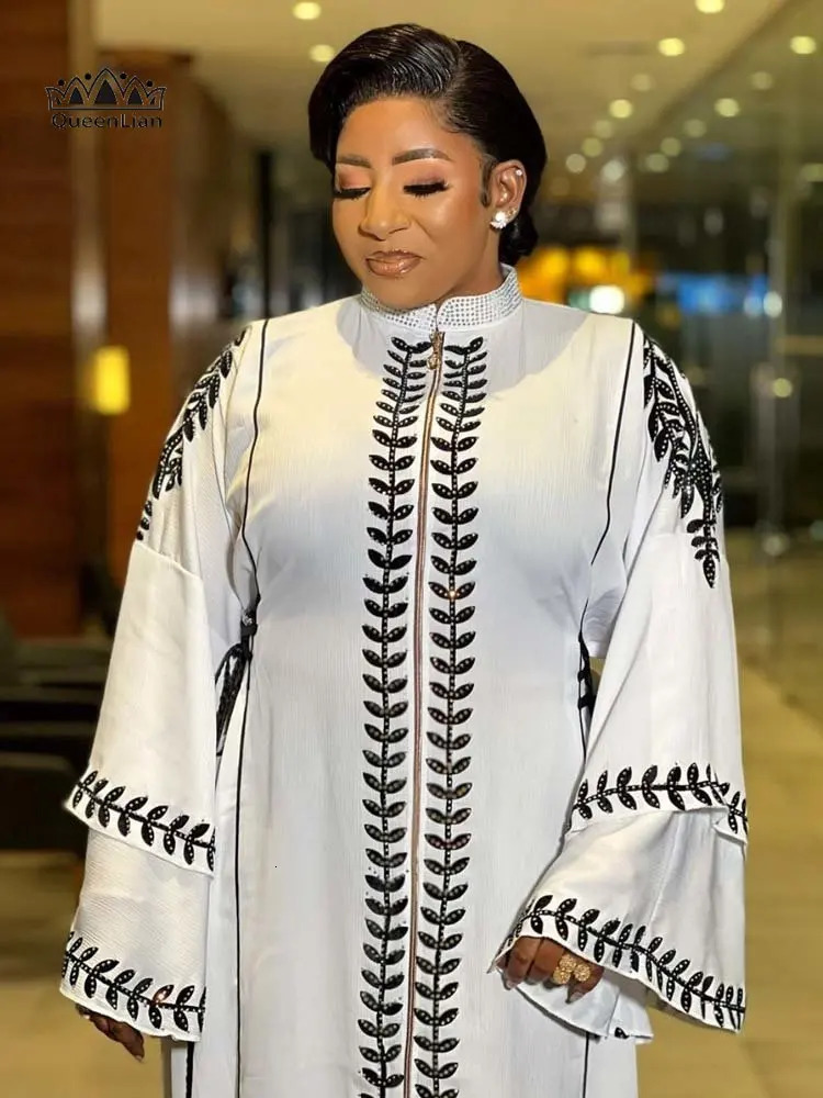Elegant High Quality Diamond Embroidered Collar Dashiki African Womens Dress with Scarf 240226