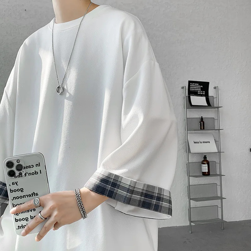 Spring Summer Mens Tshirts Women Oversized 2XL Korean Style Loose Plaid Tshirt Casual Seven sleeves TShirt Male White 240301