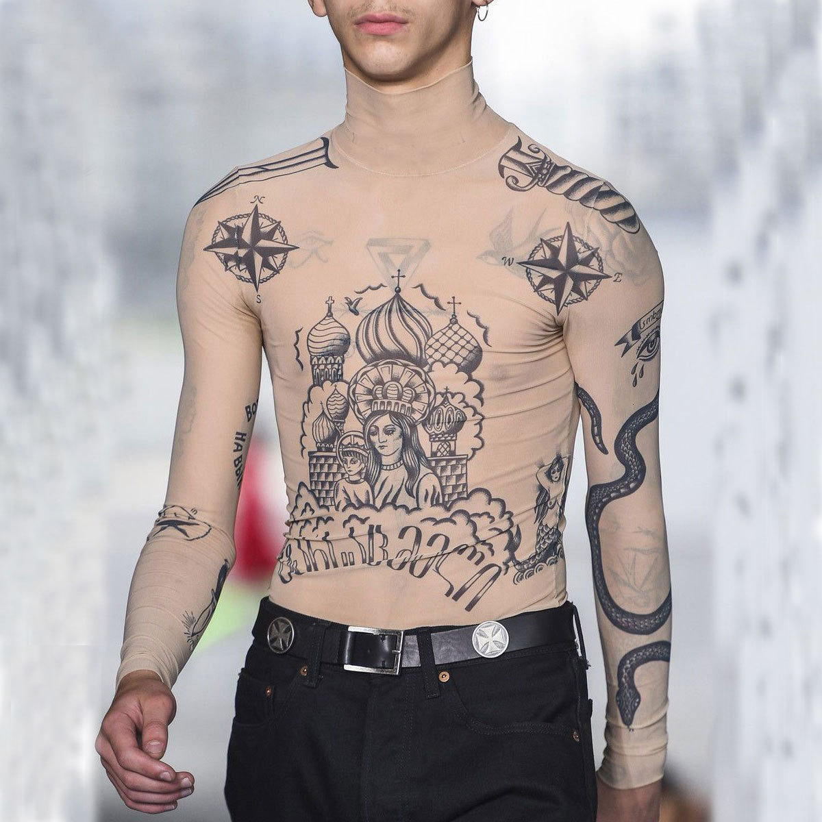Print Russia New Male Women Couples Basal Top Goddess Tatoo Print Vintage Mesh Yarn SEXY Blouse Shirt Elasticity grid B666 201201